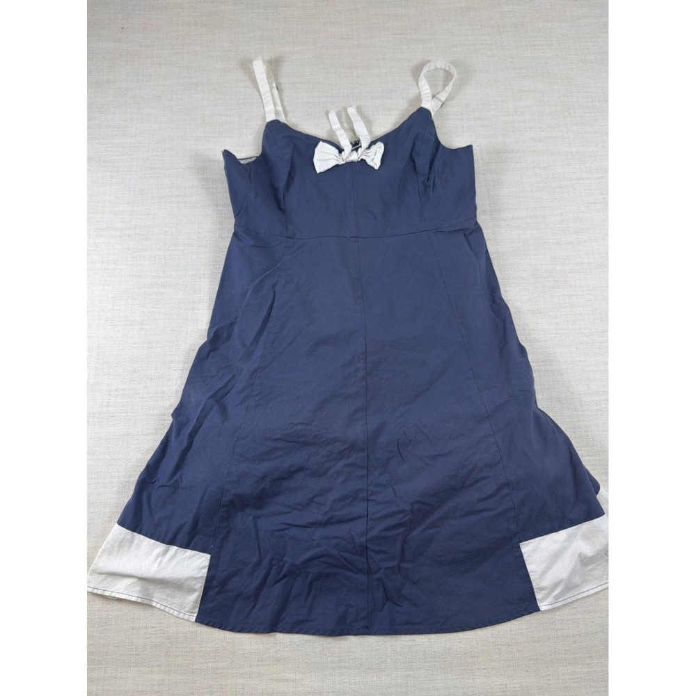 ModCloth Navy Blue White Bow Accent Fit Flare Dress XL Nautical Retro Sleeveless